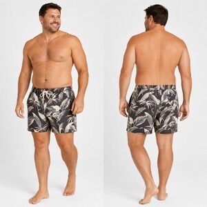 Tommy Bahama Mens XL Charcoal Tropical Leaf Print Mesh Lined Swim Trunks Shorts